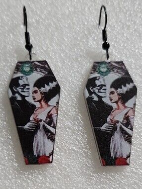 Hand Crafted Black, Goth Monster & Bride Coffin Drop Earrings